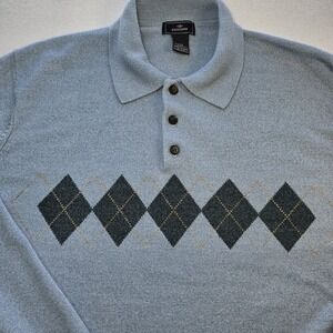 Dockers Men's Argyle Polo Sweater Blue Knit Pullover Vintage Old Money Preppy L